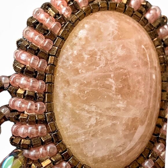 Vintage Pink Agate gold Swarovski Crystal hand beaded festoon style 5”x 2” pin - Picture 7 of 13